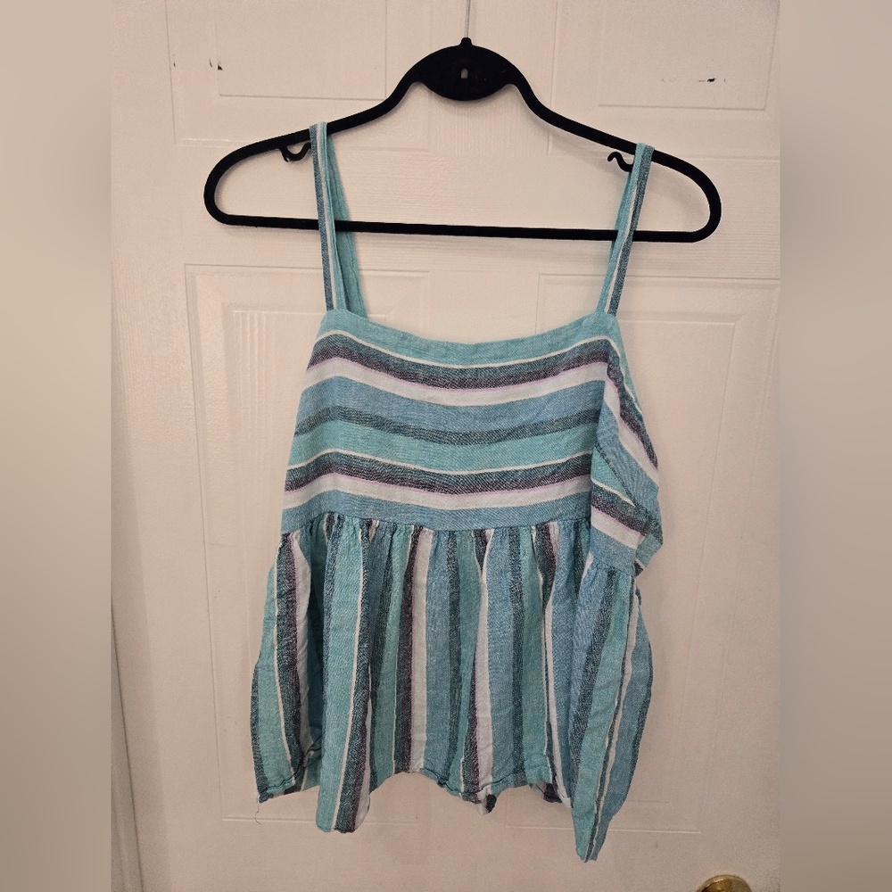 XL Far West Striped Blue and White Women's Linen Blend Stretch Back Tank Top